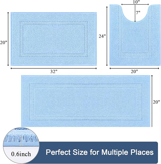 SHACOS Soft Fluffy Bathroom Runner Rugs Set of 3 Bath Mats with U Shape Toilet Rugs Non Slip Washable Bath Rugs Absorbent Bathroom Carpet for Shower Tub, Light Blue