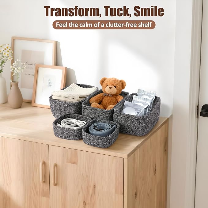 5-Pack Small Woven Rope Storage Baskets – 2 Sizes Organizer Bins for Closet, Shelf, Bookshelf, Nursery, Changing Table, Fabric Cube Boxes, Rectangular Shallow Bins for Bathroom, Toy & Home