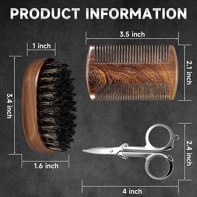 BFWood Mens Beard Brush Comb Kit, Small Travel Beard Set - Natural Boar Bristles With Black Walnut Wood, Grooming Sandalwood Mustache Comb, Mustache Trimming Sissors With Storage Bag