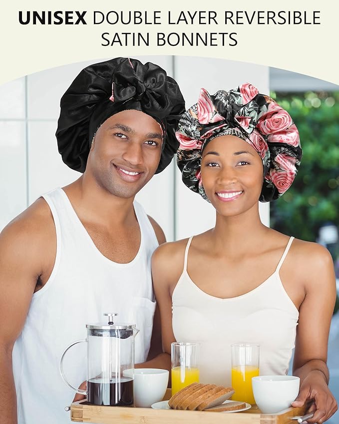 Satin Bonnet Reversible Silk Hair Bonnets for Curly Hair - Double Layer Night Cap with Tie Band - Black Pink Rose + Black