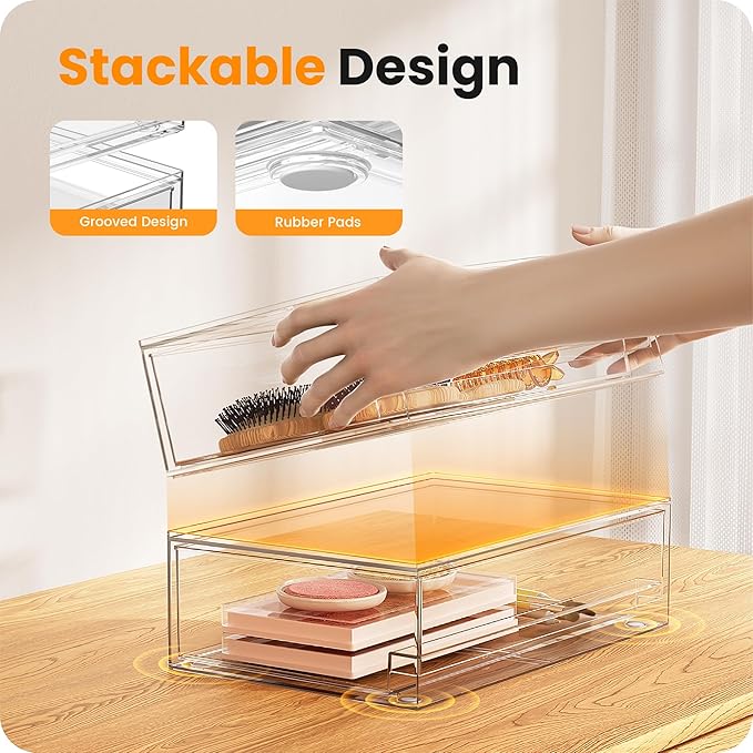 A-LuGei 【𝟮𝗣𝗖𝗦】 Acrylic Stackable Storage Drawers, 11.8" W Makeup Organizer, Bathroom Organizer and Storage, Plastic Storage Bins for Kitchen Cabinet Pantry Medicine Fridge