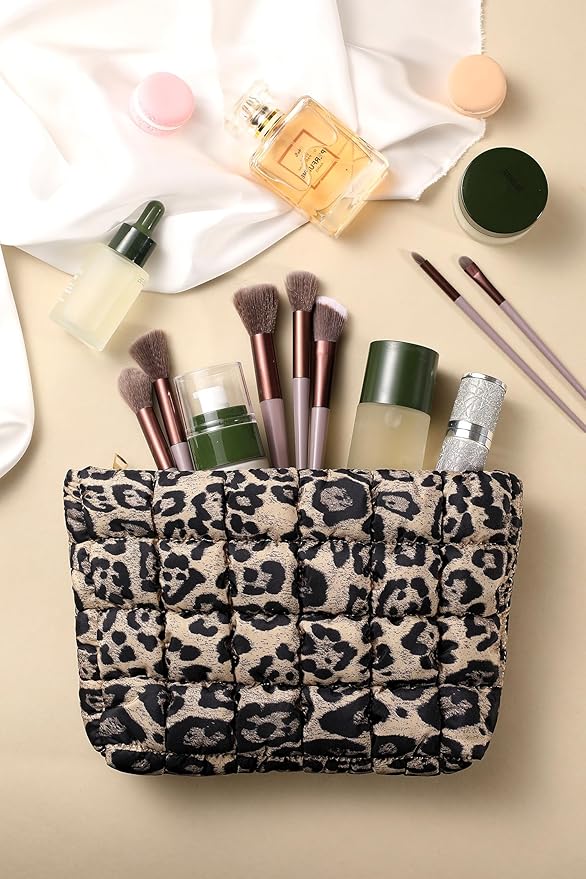 Puffy Quilted Makeup Bag for Women, Cosmetic Bag, Travel Toiletry Organizer Pouch Clutch (Brown Leopard)