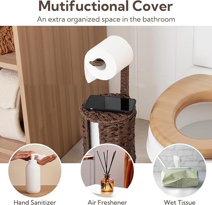 GRANNY SAYS Wicker Freestanding Toilet Paper Holder Stand with Storage, Modern Covered Toilet Paper Stand for 4 Rolls with Shelf for Wet Wipes, Tissue Holder for Bathroom Decor and RV, Brown