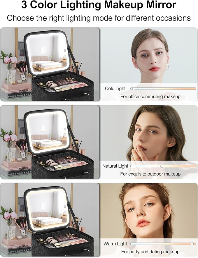 Relavel Travel Makeup Bag With LED Mirror for Women, Cosmetic Organizer Bag with Adjustable Brightness in 3 Color Scenarios, Detachable Dividers, Waterproof Train Case for Daily - Black Strip