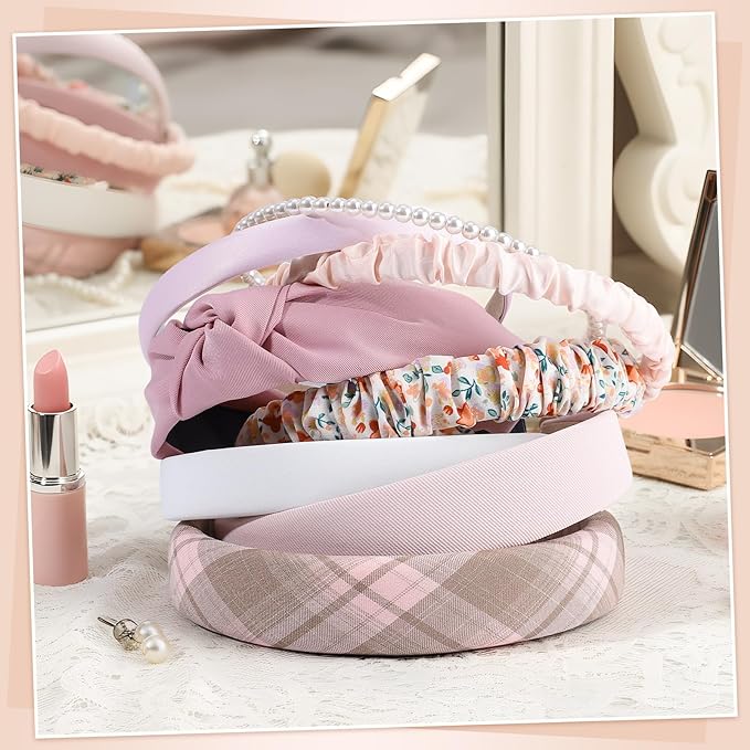 obeoby 8 Pack Pink Trendy Headbands, Multiple Styles Headbands for Hairstyle Management Non Slip Floral Pearl Hairband Gifts for Teen Girls