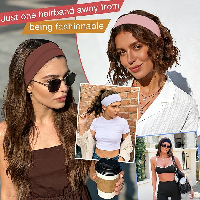 8 Pack Headbands for Women Non Slip - Stylish Sports Hair Bands for Women's Hair - Soft Cotton Cloth Stretchy Headbands for Women for Yoga, Outdoor Exercise Running