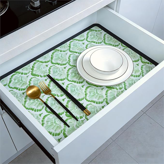 Shelf and Drawer Liner, 12in x 20FT Double Layer PVC Non-Adhesive Non-Slip Waterproof, Green Leaf for Kitchen Cabinets, Pantry, Bathroom, Dresser with Knife and Tape Measure