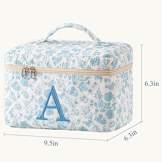 HBselect Initial Quilted Makeup Bag, Cotton Large Travel Make up Bag, Cute Floral Coquette Cosmetic Bag Toiletry Bag for Women Girls A