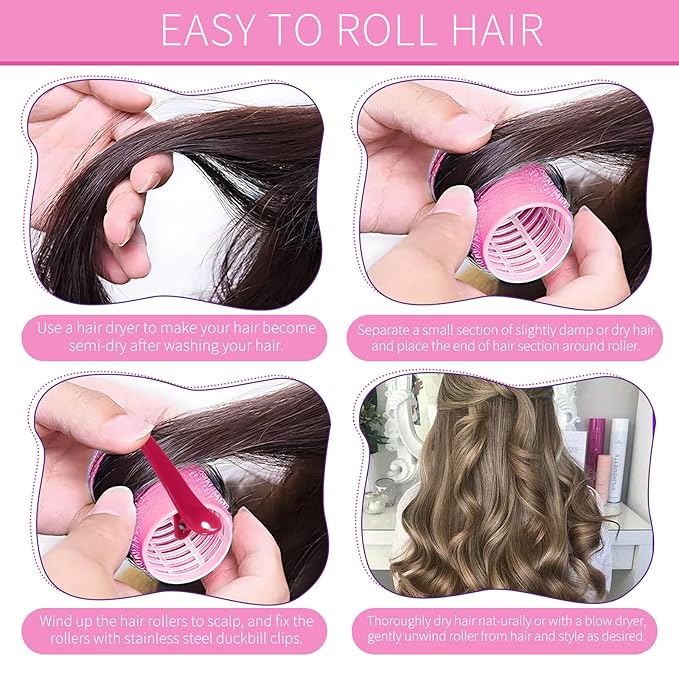 Hair Rollers, 12 Pack Self Grip Salon Hairdressing Curlers, DIY Curly Hairstyle, Large Rollers 1.57In Pink