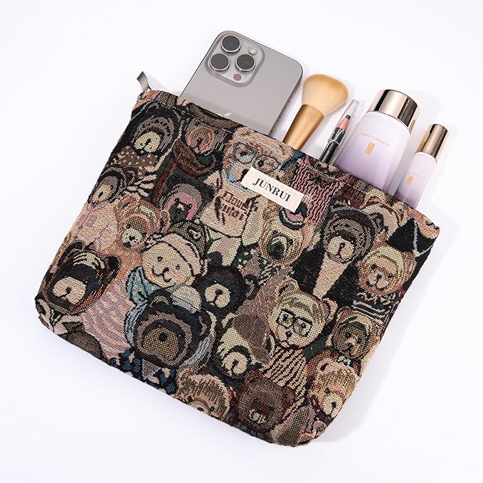 2PCS Makeup Bag Small Cute Cosmetic Bags for Women，Bear Pattern Travel Toiletry Bag for Purse, Large Canvas Cosmetic Pouch Makeup Organizer Tool Pouch with Zipper（Bear Brown）