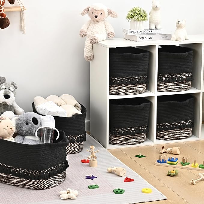 3 Pack Storage Basket for Shelves, Boho Cotton Rope Storage Bins with Heavy Tassel, Shelf Baskets Large Woven Baskets for Organizing, Cube Organizer Bins, Baby Laundry Basket for Clothes, Toys, Pets
