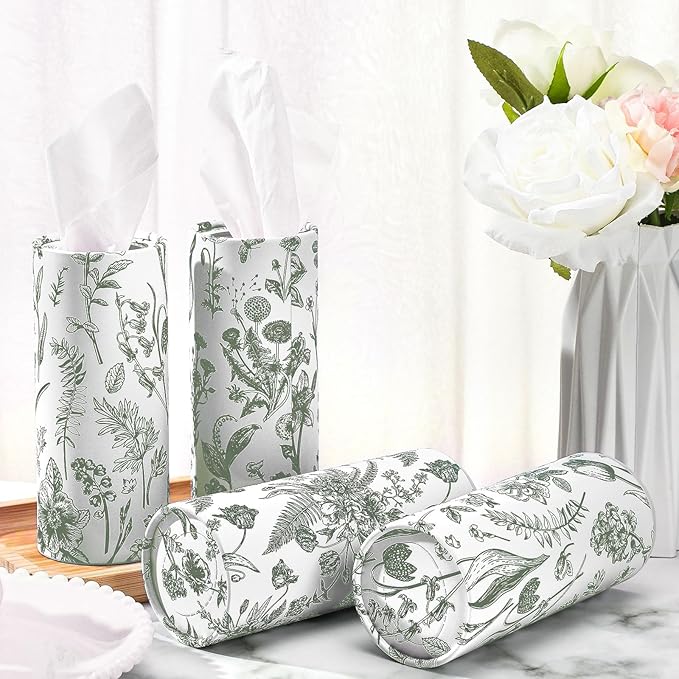 Zonon 8 Pcs Car Tissues Holder Sage Green Floral Round Box with Facial Tissue Bulk Flower Car Tissues Cylinder with 50 Sheets Face Towel Fit for Fall Cube Box Vintage Round Tubes Cup Holder Container