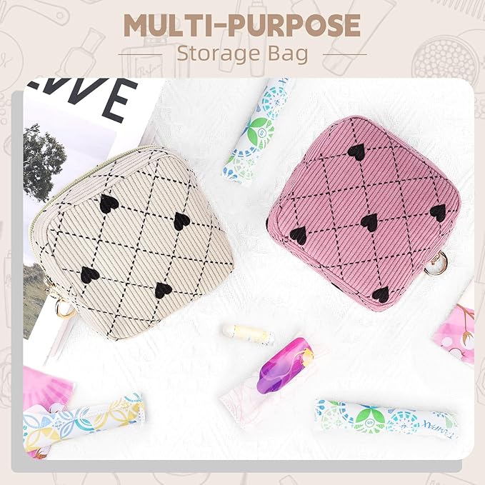 Period Bag for Teen Girls, Corduroy Hearts Sanitary Napkin Storage Bag, Cute Menstrual Pad Pouch Tampon Holder for Purse (Hearts-Beige)