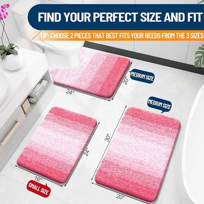OLANLY Bathroom Rug Set 2 Piece, Soft Absorbent Microfiber Bath Rug Set, Non-Slip, Machine Wash Dry, Plush Shaggy Bath Mats for Bathroom (30"x20"+24"x16", Pink)
