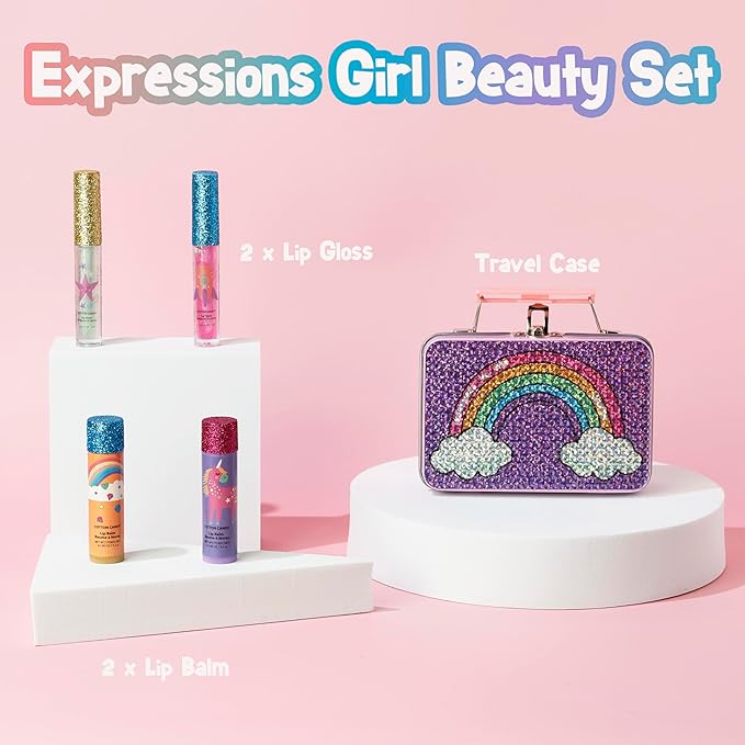 5pc Rainbow Rhinestones Cosmetics Lip Kit For Kids w/Lip Glosses, Lip Balms & Tin Box Storage Case "Magical" Lip Set,Washable + Non Toxic