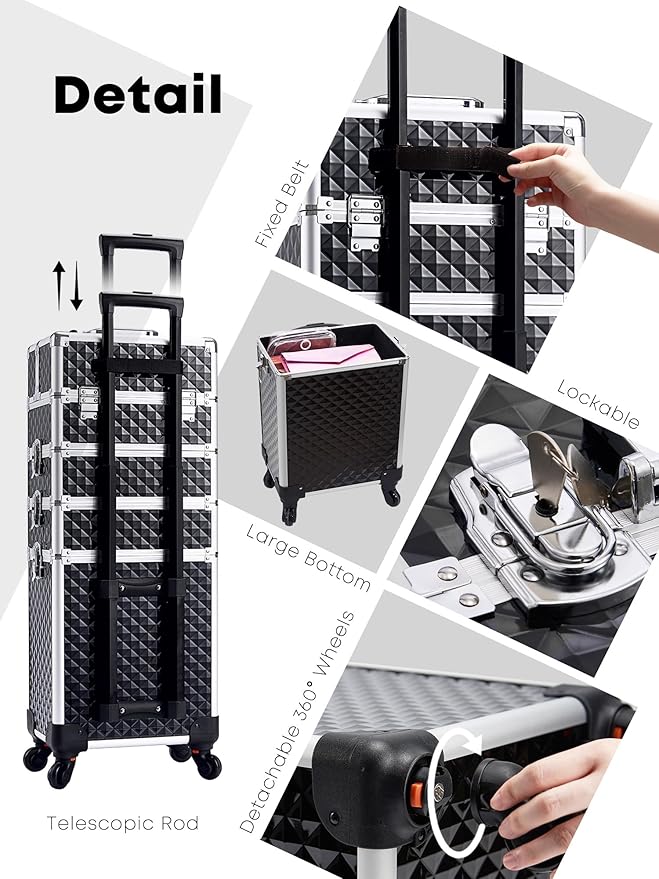 Adazzo 4 in 1 Rolling Makeup Case Cosmetic Train Case Trolley Roll Travel Box for Makeup Artist, Hairstylists, Nail Tech Makeup Cart with Key Swivel Wheels Barber Case Traveling Trunk Black