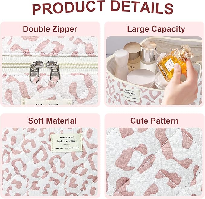 3Pcs Makeup Bag Cotton Quilted Travel Cosmetic Bag Cute Floral Makeup Pouch Large Toiletry Bag for Women Girls