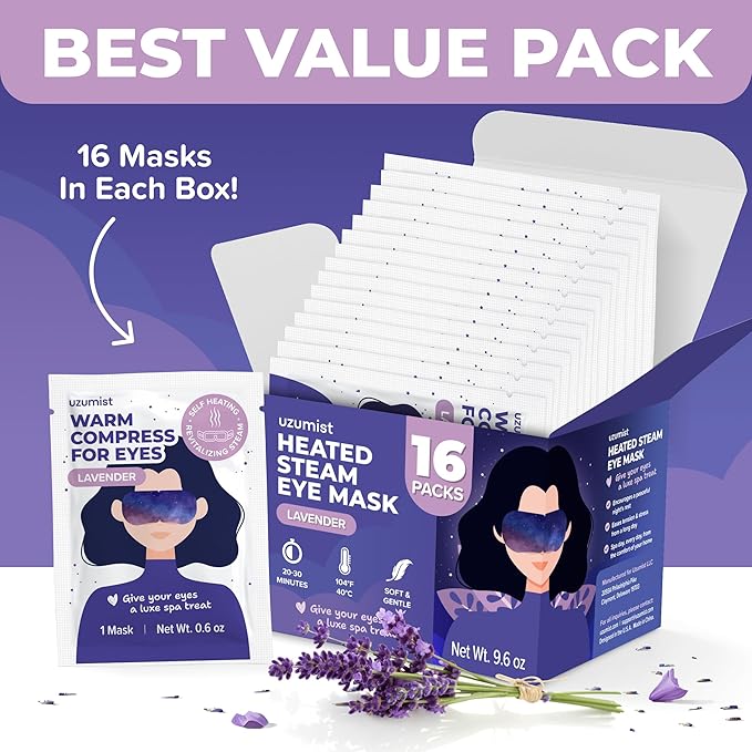 Heated Eye Mask For Dry Eyes - 16pcs Self Heating Steam Eye Mask - Warm Compress For Eyes - Warming & Ready To Use For Sleep & Relaxation - On-The-Go Warm Eye Compress For Dry Eyes Travel Essentials