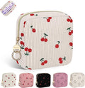 Cute Period Bag for Teen Girls, Corduroy Sanitary Napkin Storage Bag, Menstrual Pad Pouch Tampon Holder for Purse (Cherry-Beige)