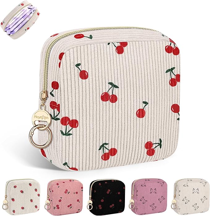 Cute Period Bag for Teen Girls, Corduroy Sanitary Napkin Storage Bag, Menstrual Pad Pouch Tampon Holder for Purse (Cherry-Beige)