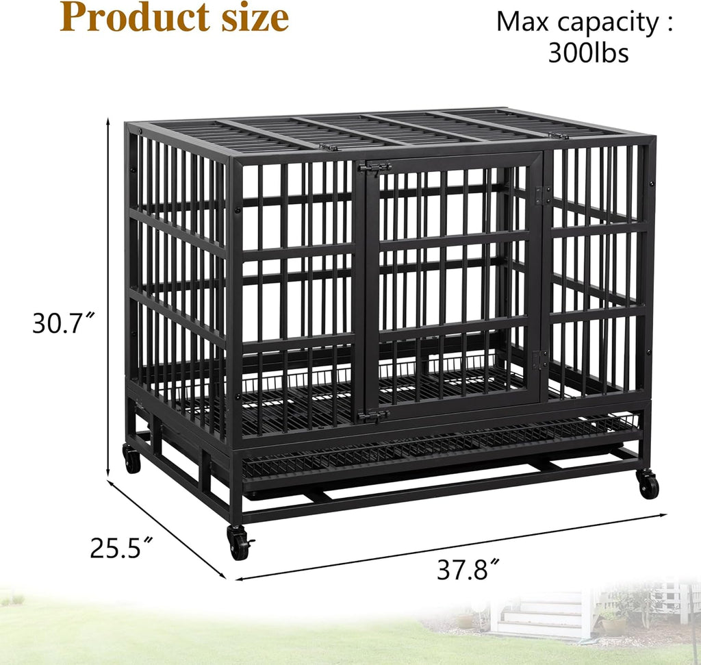 JY QAQA 38 Inch Heavy Duty Indestructible Dog Crate Double Doors Escape Proof Cage Kennel,Enhanced Metal Pet Cage,Extra Large XL XXL Crate Indoor for Large Dog with Removable Tray and Lockable Wheels