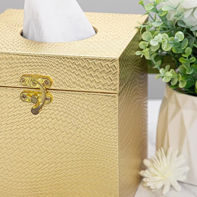 Gold Tissue Box Cover, Elegant Square Tissue Box Holder for Bathroom, Bedroom, and Office, Modern Decorative Tissue Box for Home Décor