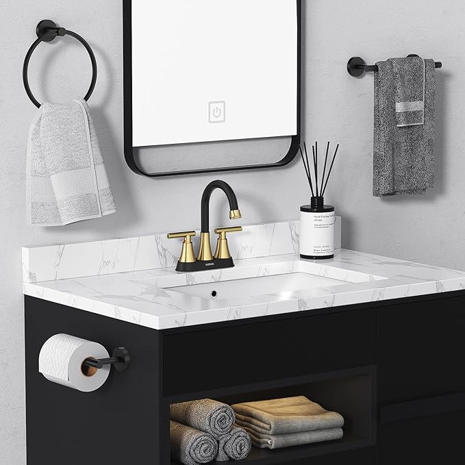 Bathroom Faucets for Sink 3 Hole, Hurran 4 inch Black and Gold Bathroom Sink Faucet with Pop-up Drain and Supply Hoses, Stainless Steel Lead-Free Centerset Faucets for Vanity RV