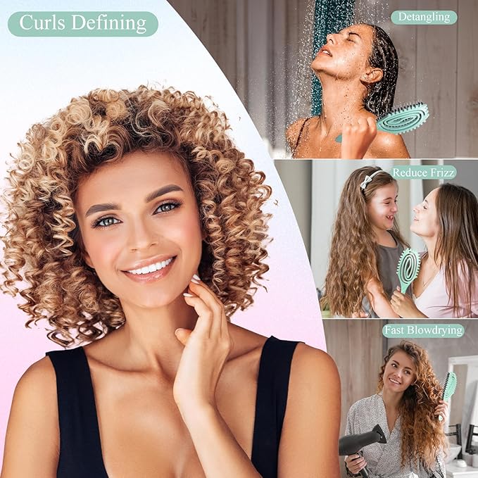 Curl Defining Brush, Boar Bristle Detangling Hair Brush for Women Girls Thick Curly Wavy Hair Wet Dry Use, Fast Blow Drying Vented Styling Hairbrush, Smoothing Hair No Tangle (Turquoise)