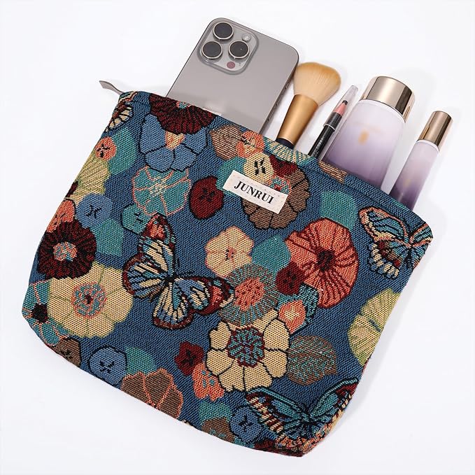 2 PCS Makeup Bag Set，Portable Small Cosmetic Bag for Purse ，Large Storage Capacity Toiletry Bag Organizer，Travel Pouch with Zipper for Women, (Flower Garden Blue)