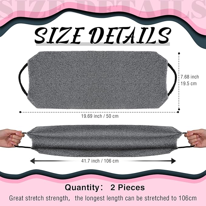 Back Scrubber for Shower Exfoliating Washcloth Back Cloth Body Extended Length Scrubber Towel Nylon Exfoliating Stretchable Pull Strap Wash Cloth for Bath Body Scrub Washcloth 2 Pack (Pink,Gray)