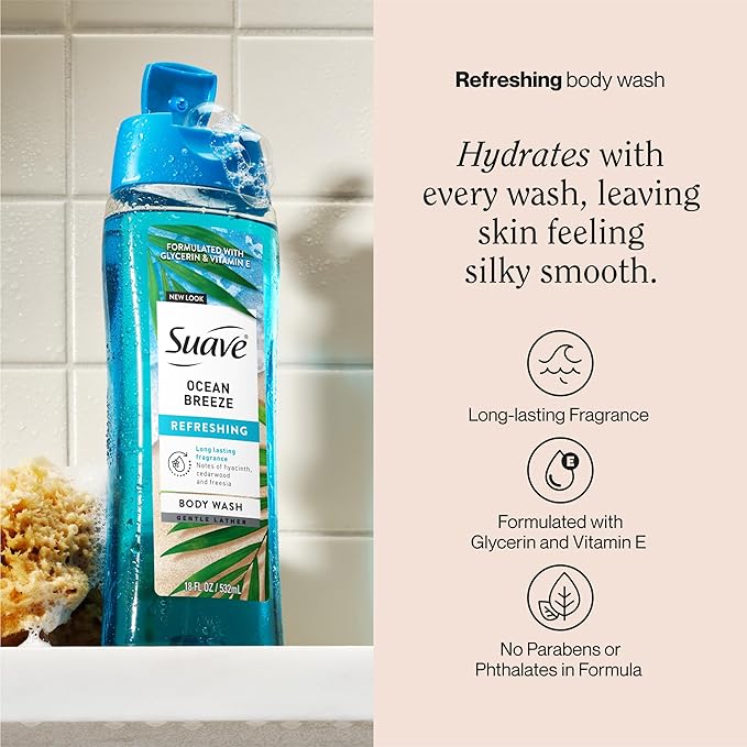 Suave Ocean Breeze Moisturizing Body Wash with Glycerin & Vitamin E, Hydrating Formula For Soft, Smooth Skin, Long Lasting Fragrance, 18 FL OZ, 6 Count