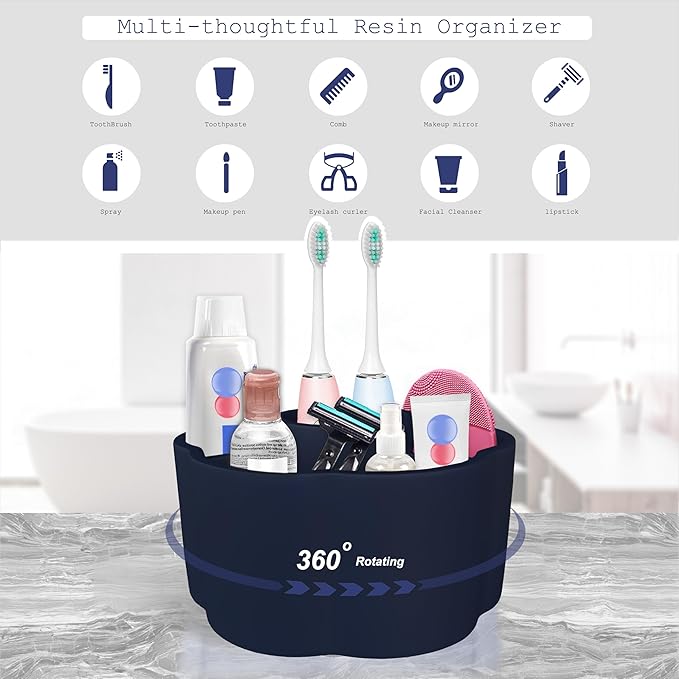 360° Rotate Makeup Brush Holder, 4 Slot Spin Beauty Tools Organizer, Brush Countertop Display Case, Desktop Storage, Bathroom Vanity Holder, Resin with Navy Blue Rubber Paint.
