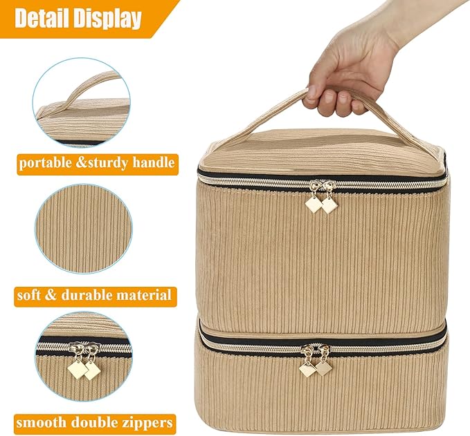 Corduroy Nail Polish Organizer and Nail Lamp Case, Nail Kit Organizer Holds 30 Bottles (15ml - 0.5 fl.oz) and a Nail Lamp, Nail Polish Carrying Case with Manicure Tools Storage Sections (Brown)