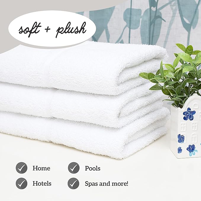 GREEN LIFESTYLE Dobby Border Towel 27x54 Cotton Blend Soft and Plush Crisp Highly Absorbent White Bath Towel Ideal for Home, Hotels, Pools, Spa (Pack of 24)