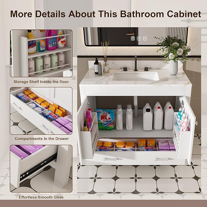 Montary 42" Bathroom Vanity with 43" Sintered Stone Carrara Gold Top, Modern Stylish MDF Bathroom Storage Cabinet, Vanity Set with 2 Doors and One Large Divided Drawer, White (Three Holes)