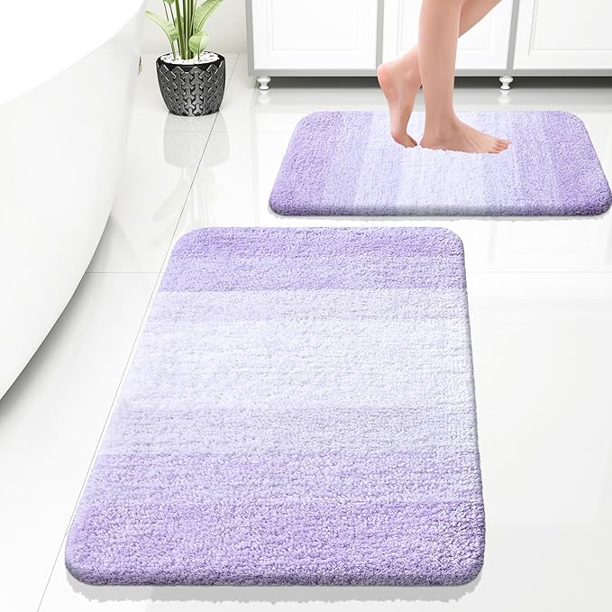OLANLY Bathroom Rug Set 2 Piece, Soft Absorbent Microfiber Bath Rug Set, Non-Slip, Machine Wash Dry, Plush Shaggy Bath Mats for Bathroom (30"x20"+24"x16", Light Purple)