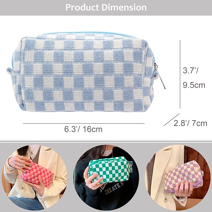 PAZIMIIK Checkered Makeup Bag for Purse Portable Zipper Make Up Pouch Small Cosmetic Case for Travel Accessories (2PCS Blue Light Green)