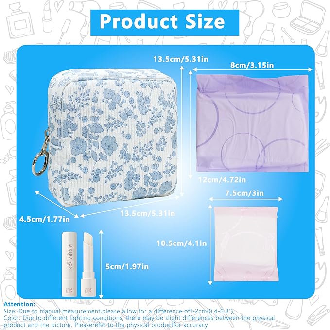 Period Bag for Girls, Corduroy Sanitary Napkin Storage Bag, Period Pouch & Tampon Holder, Feminine Care Organizer（Blue Flower）