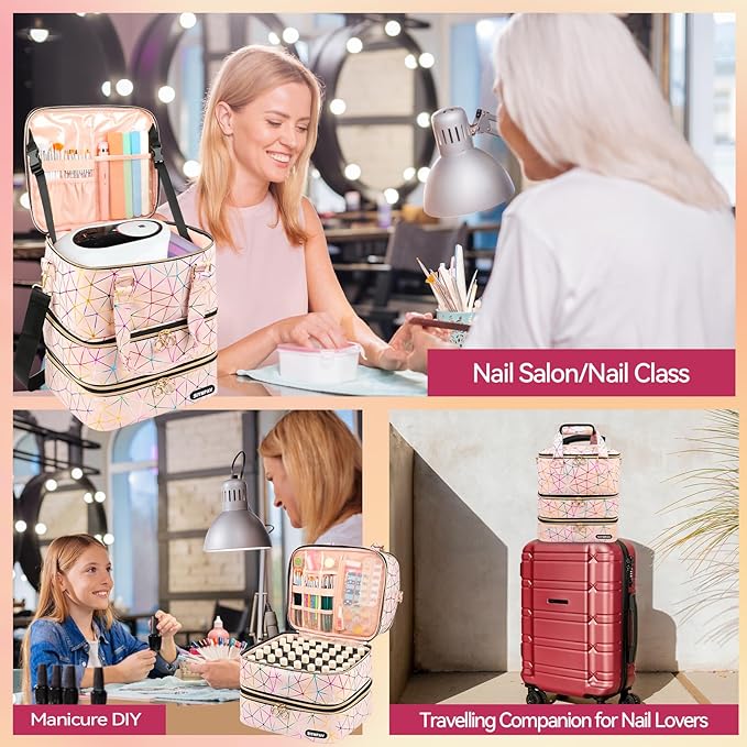Nail Polish Organizer Bag Holds 126 Bottles (15ml/0.5fl.oz)& Nail Lamp, 3 Layers Detachable Nail Kit Storage Case PU Leather, Large Travel Nail Supplies Shoulder Bag for Manicure Tools (Pink)