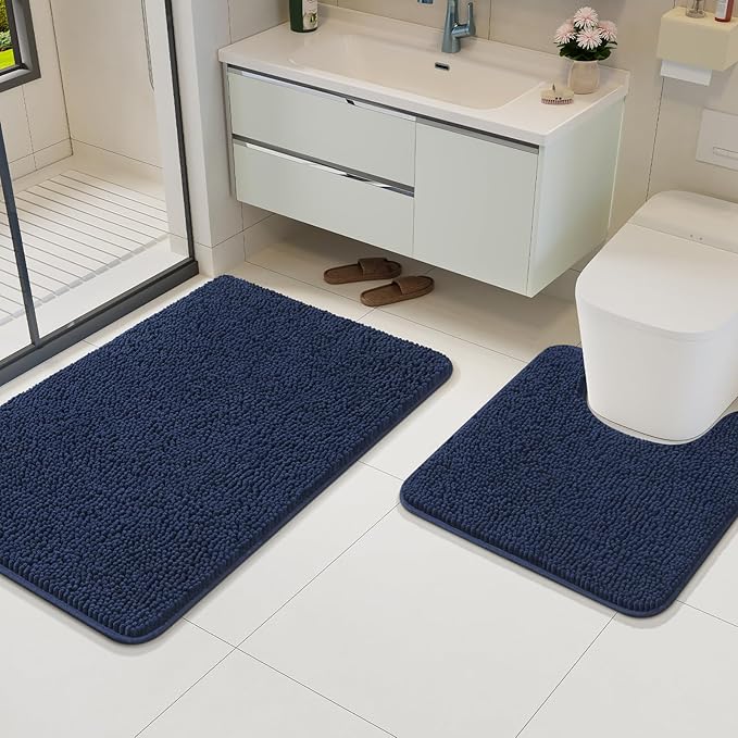 AROGAN Bathroom Rug Sets 2 Piece, 20"x20" U-Shaped Toilet Mat and 21"×34" Bath Mats Bathroom Floor Set, Washable Bath Rug, Absorbent Soft Non Slip Rug Set, Navy Blue