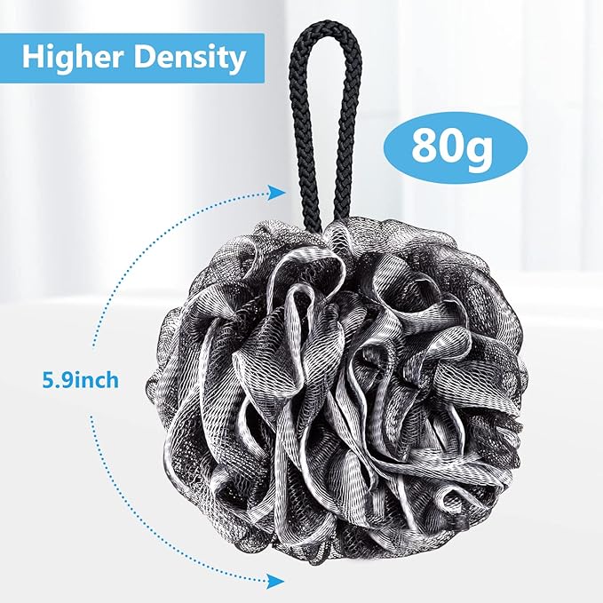VANZAVANZU Bath Loofah Large 80g Shower Sponge Body Scrubber Mesh Pouf for Men and Women, Set of 4 (Black with White)
