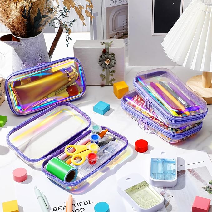 Hoolerry 4 Pcs Hard Clear Zipper Case Makeup Bags Plastic Zipper Pouch Transparent Storage Box Containers for Cosmetics, Snacks, Building Blocks, Puzzles(Clear,7.5 x 3.9 x 2 in,Purple Laser)