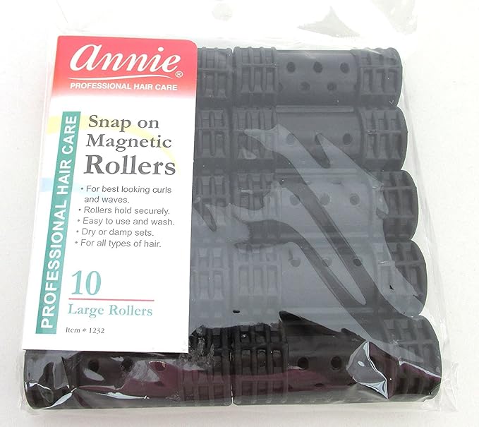 Annie Snap-On Magnetic Hair Rollers – Large 7/8 Inch with Locking Snap-Over Hood – Secure Hold No Pins Needed – Black, 10 Count