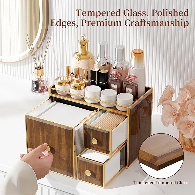 Tempered Glass Face Towel Holder with 3 Drawers, Bathroom Vanity Organizer for Disposable Face Towels, Cotton Pads, Swabs and Skincare