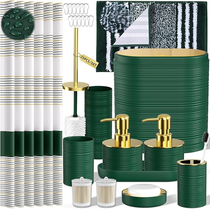 Bathroom Set - Bathroom Sets with Shower Curtain and Rugs, 25PC Bathroom Accessory Set, Green Bathroom Accessories Set with Trash Can, Soap Dispensers