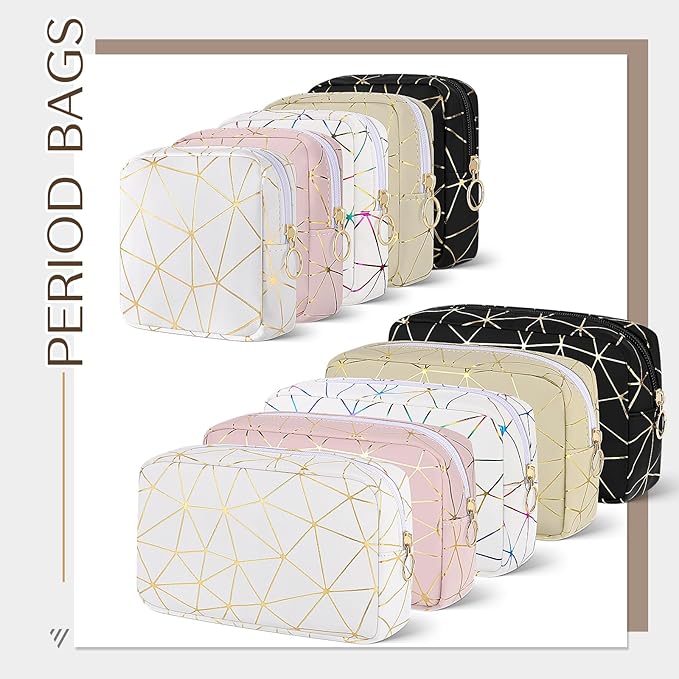 Period Bag for Girls Womens, Leather Sanitary Napkin Storage Bag, Portable Menstrual Pad Bag Period Pads Pouch (Beige Gold)