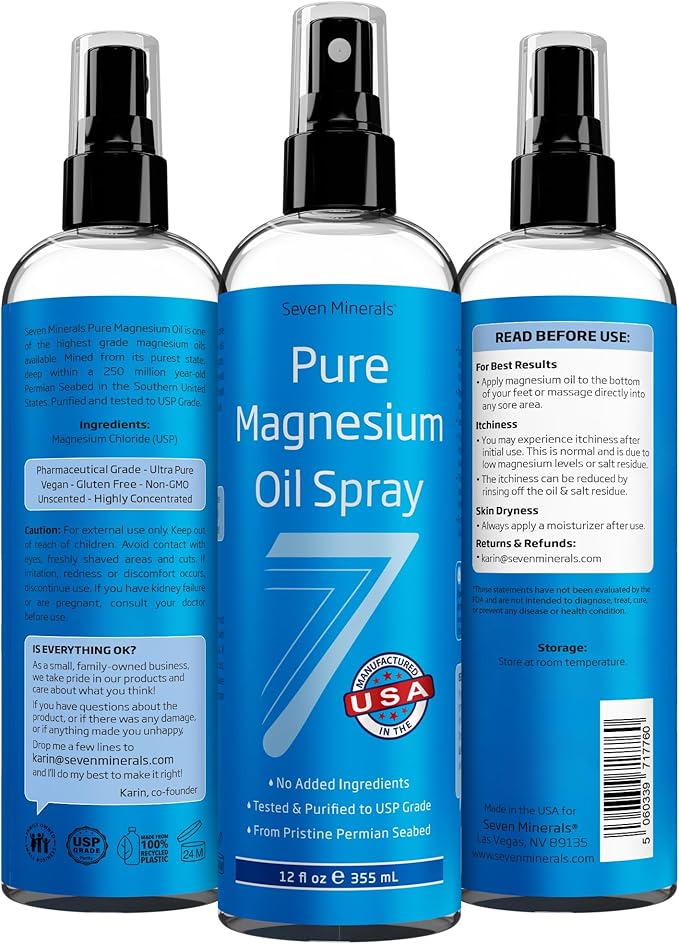 Seven Minerals Pure Magnesium Oil Spray, Big 12oz, USP Grade, Extra Strength, for Feet, Sleep, Muscle Pain & Cramps - Mined in The USA