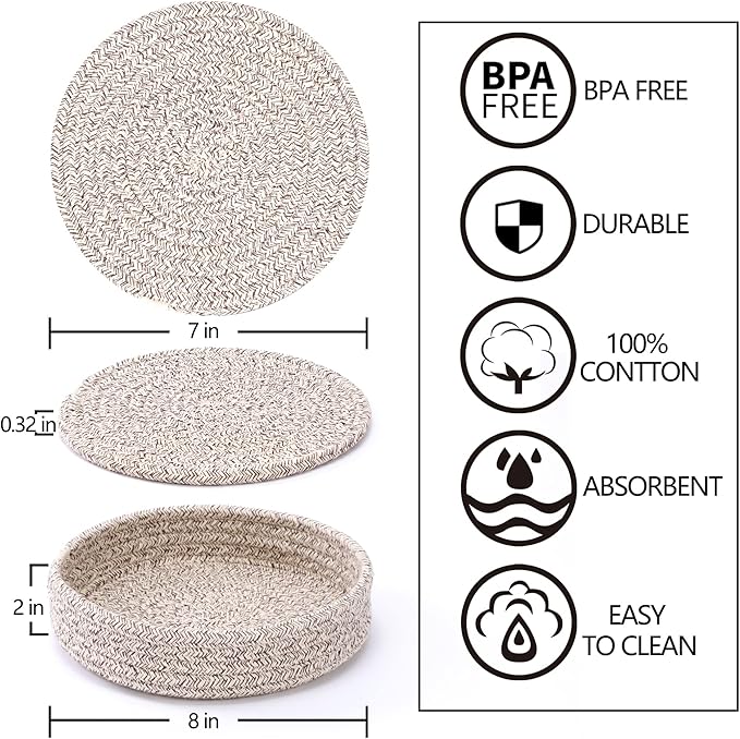 Coga Trivets for Hot Dishes, Trivets for Hot Pots and Pans, 7 Inchs Hot Pads 4 Pcs and Storage Basket for Countertops, Pot Holders for Kitchen, Cotton Table Protector Hot Mats Heat Resistant (Brown)