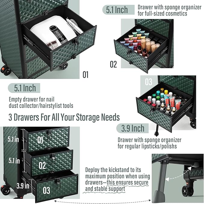 Nail Trolley Cart with 3 Drawers, Salon Station Cosmetology Case on Wheels Rolling Makeup Train Case Nail Case Organizer Beauty Salon Travel Case for Nailart,SPA,Hairstylist,Artist,Dark Green