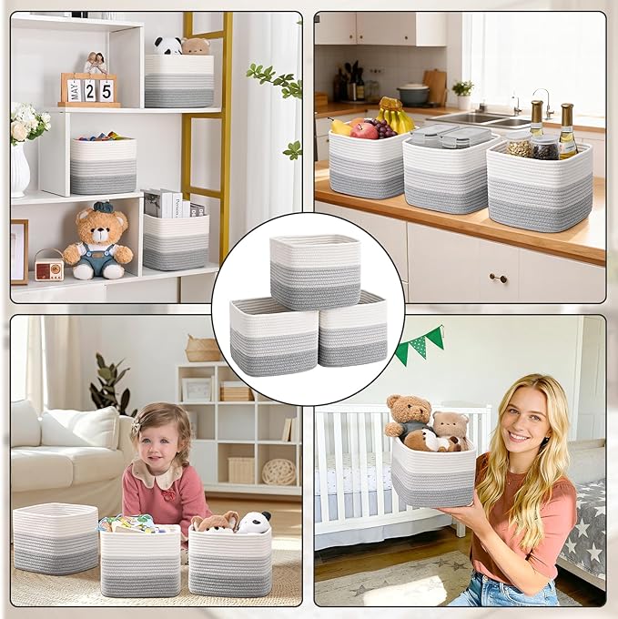 3 Pack Cube Storage Bin, 9”x9”x7” Cotton Rope Woven Baskets for Organizing Toys Clothes Towels, Square Gift Storage Baskets for Shelf, Nursery, Closet, Bathroom, Pantry (3-Tone Gray)